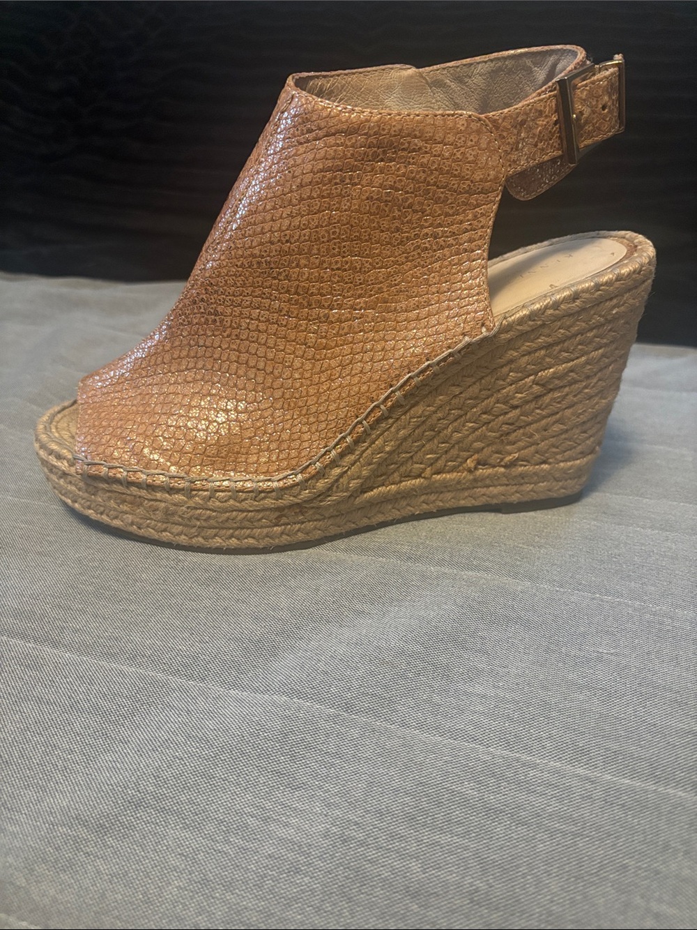 Kenneth Cole Textured Tan Espadrille Wedge Peep-Toe Sandal